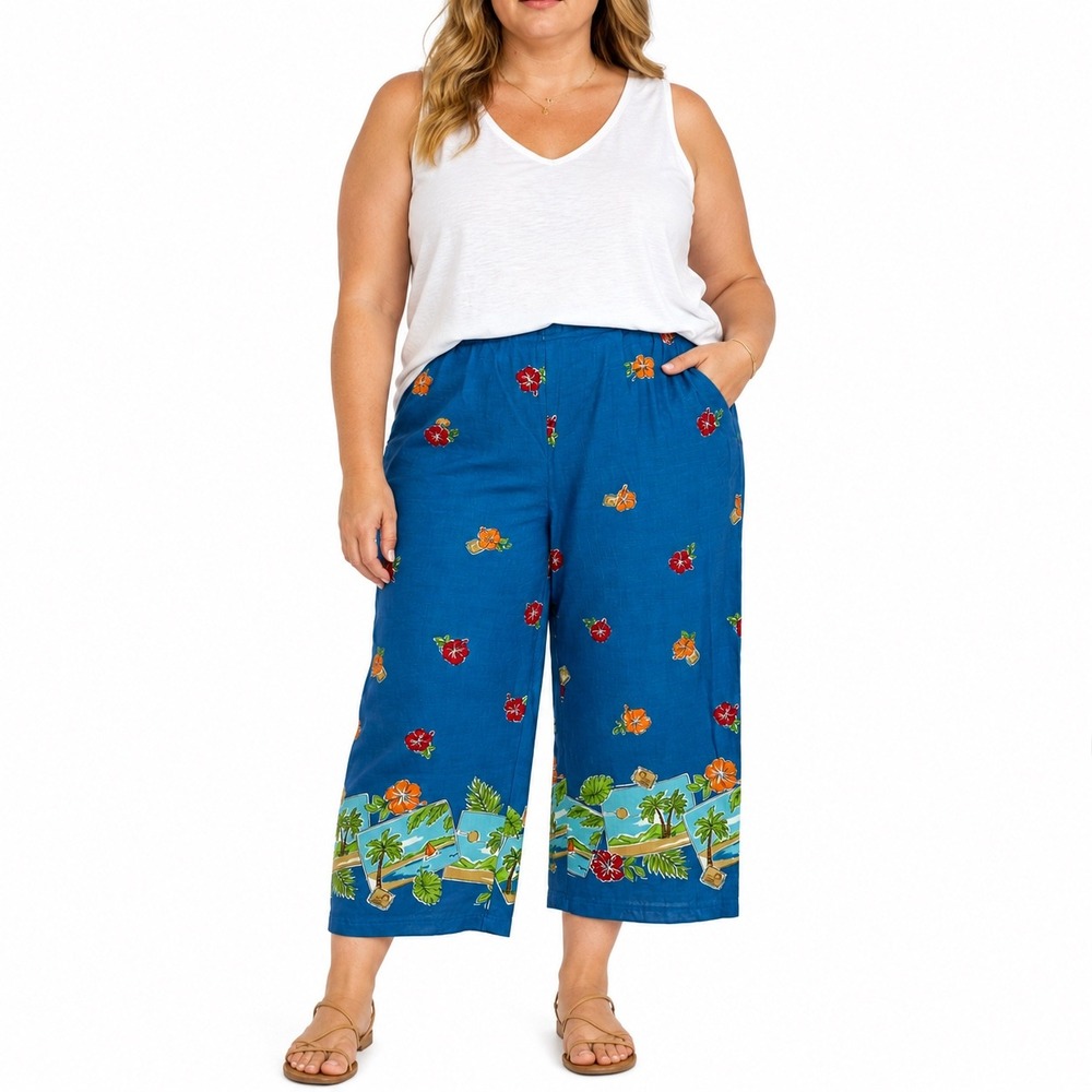 Sag Harbor Sport Women's 16 Teal Blue‎ Tropical Postcard Print Cotton Crop Pants